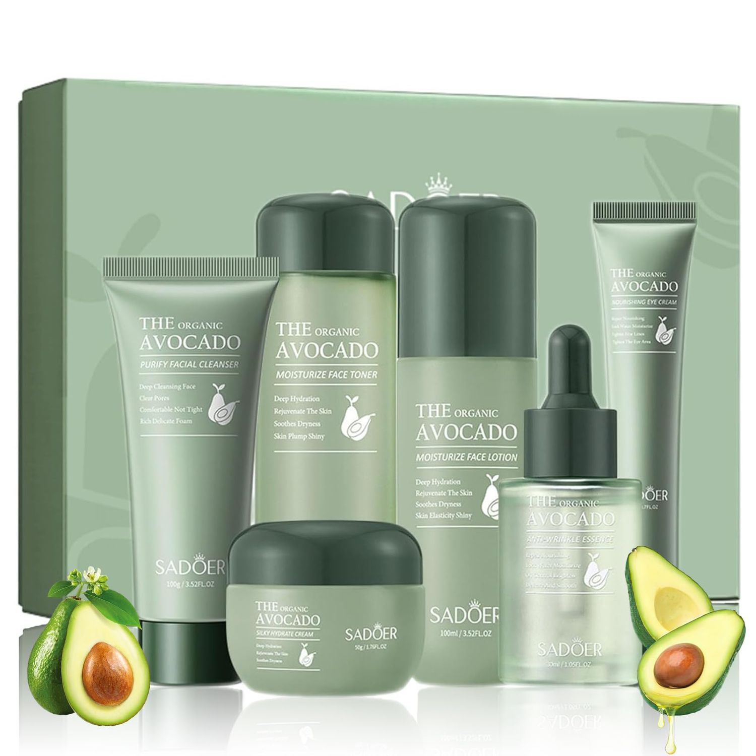 6Pcs Avocado Skincare Set, 6-In-1 Hydrating Skincare Gift Kit with Facial Cleanser, Face Toner, Anti-wrinkle Serum, Face Lotion, Face Cream Eye Cream, Moisturizing Anti-Aging Skin Care Kit