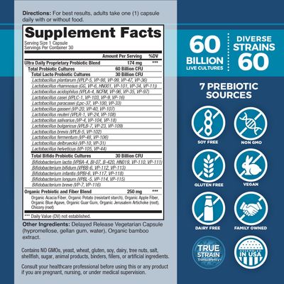Vital Planet - Vital Flora Ultra Daily Probiotic 60 Billion CFU, Diverse Strains, Organic Prebiotics, Immune Support, Bloating Relief, Digestive Health Probiotics for Women and Men 30 Capsules