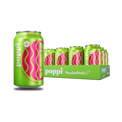 Poppi Sparkling Prebiotic Soda Beverage with Apple Cider Vinegar, Seltzer Water and Fruit Juice, Watermelon Flavor, 12 oz, Pack of 12, Packaging May Vary