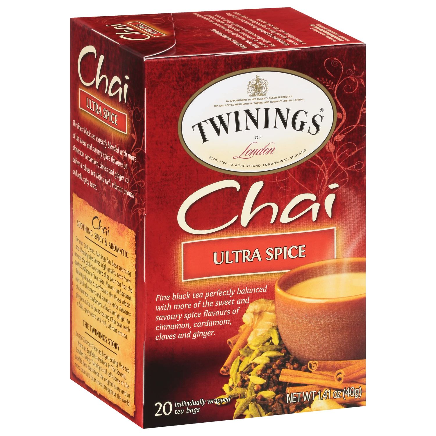 Twinings Ultra Spice Chai Tea Bags - Individually Wrapped, Black Tea with Cinnamon, Ginger, Cardamon Clove, 20 Count