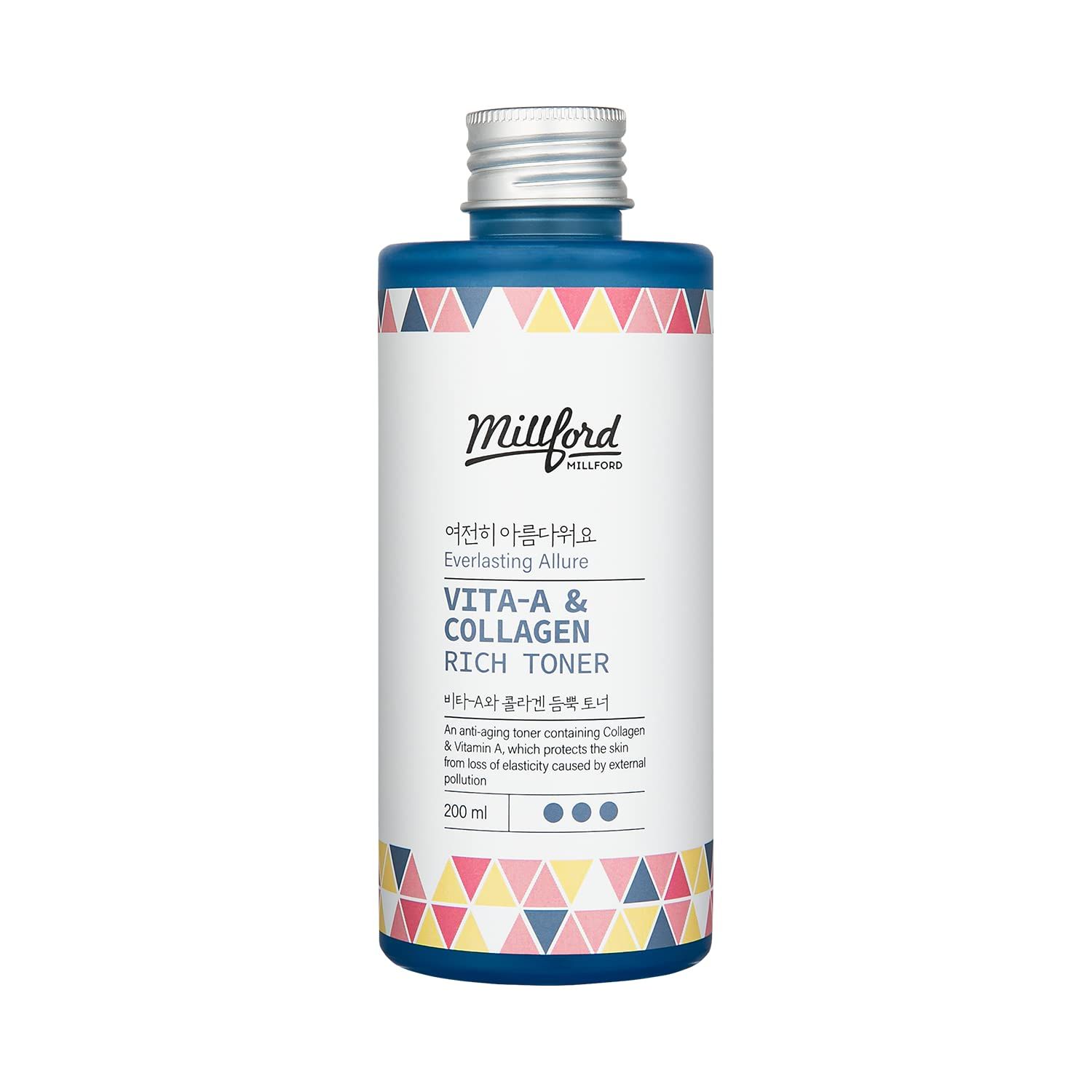 Millford Vita A Collagen Rich Toner 6.76 Oz, 200ml, FishMarine Collagen, Slow-Aging Moisturizing Toner, Vitamin A Retinol, Wrinkles, Fine Lines, Anti-Aging, Retinyl Palmitate, Korean Skincare
