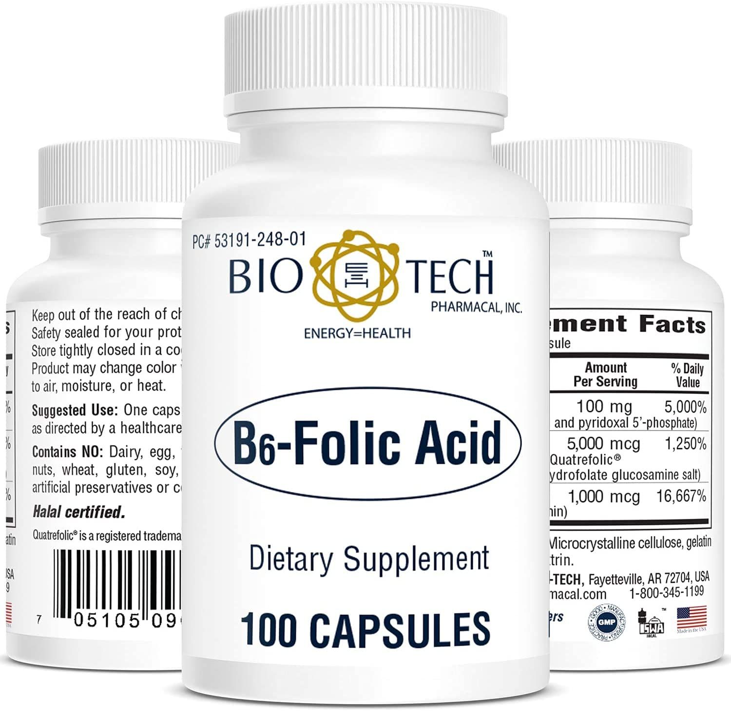 Bio-Tech Pharmacal B6-Folic Acid, 100 Capsules - All-Natural Supplement - Supports Cardiovascular, Bone, Nervous System Health - No Dairy, Fish, Gluten, Peanut, Shellfish, Halal, Soy - No