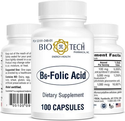 Bio-Tech Pharmacal B6-Folic Acid, 100 Capsules - All-Natural Supplement - Supports Cardiovascular, Bone, Nervous System Health - No Dairy, Fish, Gluten, Peanut, Shellfish, Halal, Soy - No