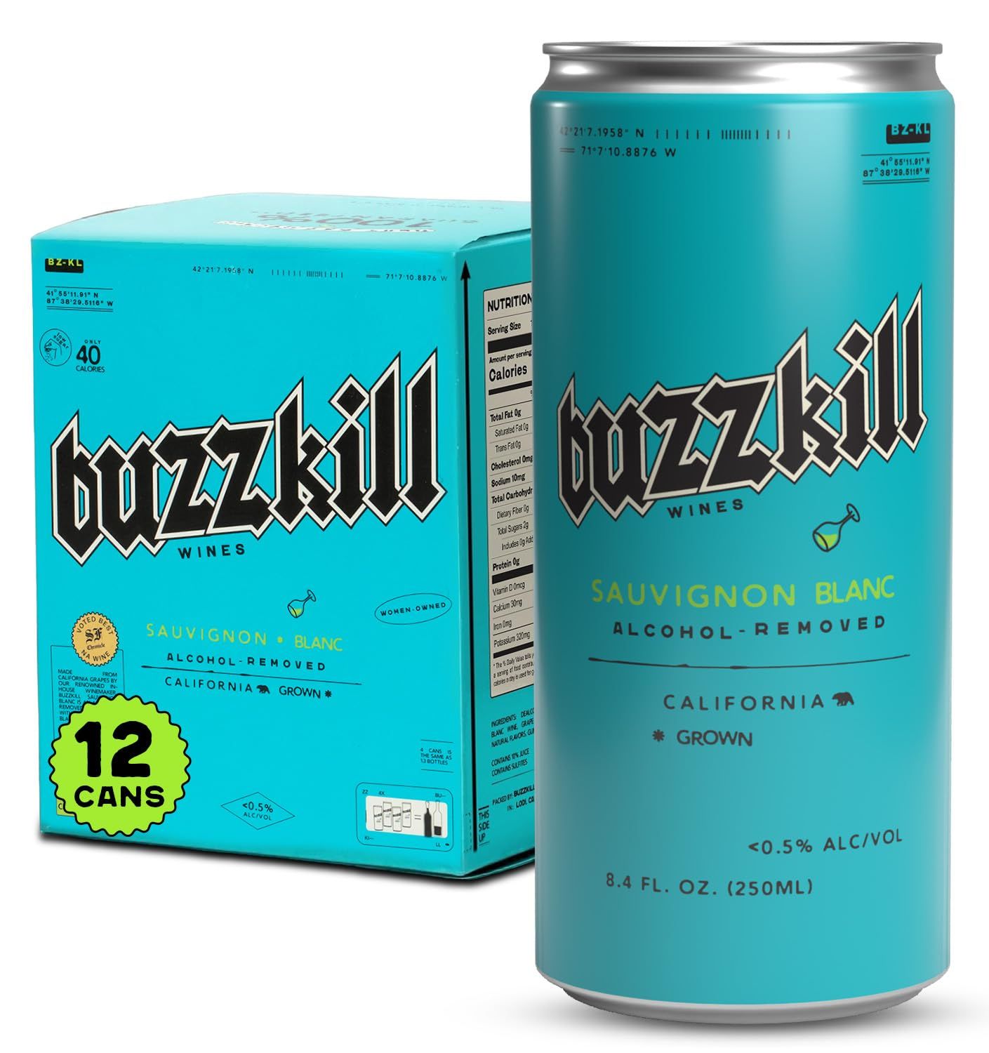 Buzzkill Wines 12-Pack Non-Alcoholic Sauvignon Blanc, Dealcoholized White Wine, Gluten Free, Low Sugar, 40 Calories (8.4 fl. oz per can)