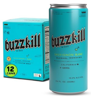 Buzzkill Wines 12-Pack Non-Alcoholic Sauvignon Blanc, Dealcoholized White Wine, Gluten Free, Low Sugar, 40 Calories (8.4 fl. oz per can)