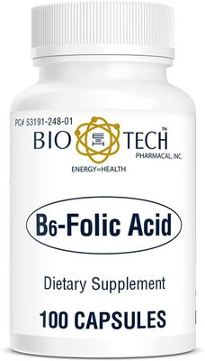 Bio-Tech Pharmacal B6-Folic Acid, 100 Capsules - All-Natural Supplement - Supports Cardiovascular, Bone, Nervous System Health - No Dairy, Fish, Gluten, Peanut, Shellfish, Halal, Soy - No