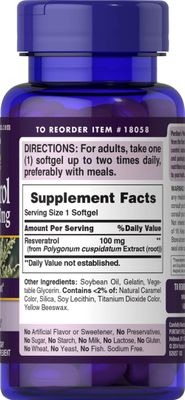 Puritan's Pride Premium Resveratrol Youth Guard 100mg, Dietary Supplement for Immune System, Antioxidant, Sugar Metabolism, Blood Flow, and Vascular Function Support, 120 Rapid Release Softgels