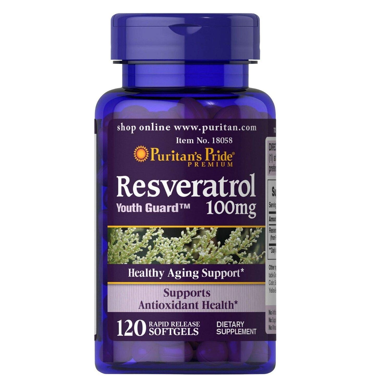 Puritan&#39;s Pride Premium Resveratrol Youth Guard 100mg, Dietary Supplement for Immune System, Antioxidant, Sugar Metabolism, Blood Flow, and Vascular Function Support, 120 Rapid Release Softgels