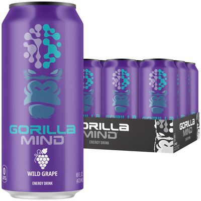Gorilla Mind Energy Drink Unmatched Energy Amplified Focus N-Acetyl-L-Tyrosine, Alpha-GPC, 200mg Caffeine, Uridine, Saffron 0 Sugar Or Artificial Colors 16oz, 12-Pack (Wild Grape)
