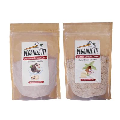 VEGANIZE IT! Combo Vegan Butter Cream (12.5 oz) and Chocolate Cake Mix (14 oz) Classic Flavor Moist Fluffy No Preservatives or Artificial Flavors Easy to Bake Zip Lock Pack