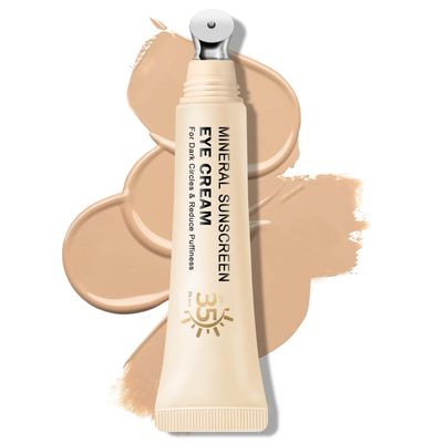 QIUFSSE Mineral Sunscreen Eye Cream for Dark Circles,3-in-1 Under Eye Cream Anti Aging for Puffiness and Bags Under Eyes,Under Eye Corrector SPF 35 Medium