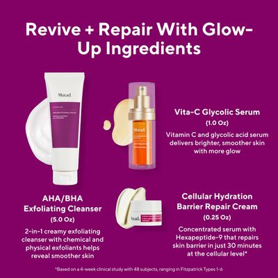 Murad Revive Repair w Glow Up Ingredients - 3-Piece Set (135 Value) - Regimen for Total Skin Health - AHABHA Cleanser 5.0Fl Oz, Glycolic Serum 1.0Fl Oz, Cellular Hydration Cream 0.25Fl Oz