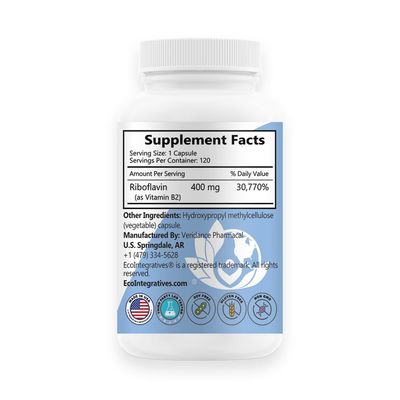 EcoIntegratives B2-400 Pure Riboflavin - Nervous System Health, Homocysteine Detox, Cardiovascular, Helps Boost Energy, Mental Clarity, Metabolism and Cell Function 120 Vegan Capsules