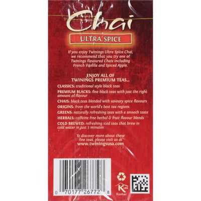 Twinings Ultra Spice Chai Tea Bags - Individually Wrapped, Black Tea with Cinnamon, Ginger, Cardamon Clove, 20 Count