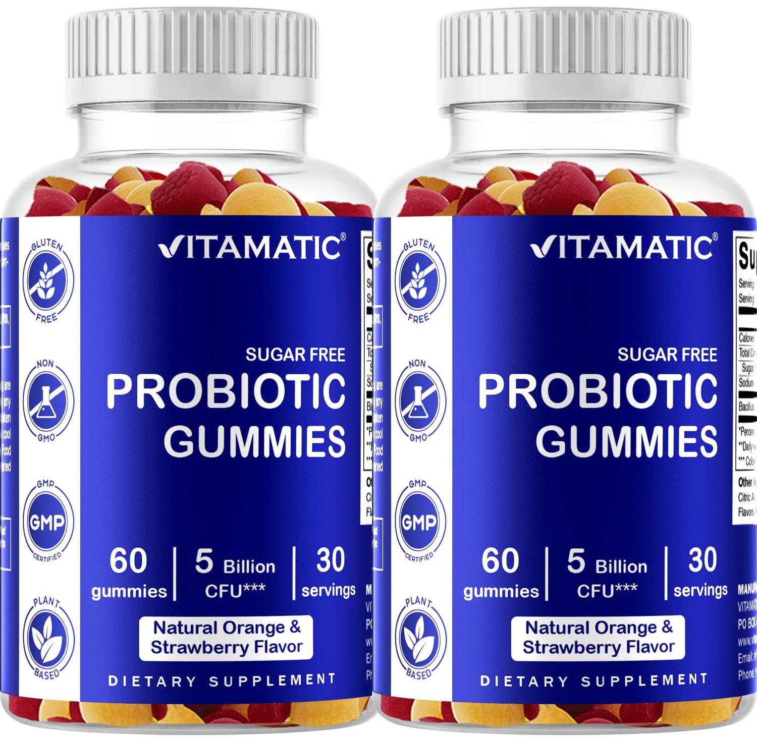 Vitamatic Sugar Free Probiotic Gummies for Men and Women - 5 Billion CFUs - 60Gummies per Bottle 2 Pack (120 Gummies) Digestive, Immune Gut Health Support - Gluten Free