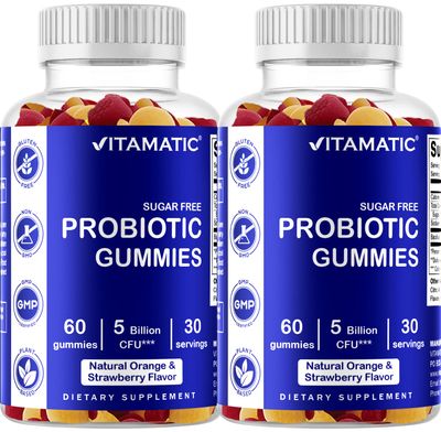 Vitamatic Sugar Free Probiotic Gummies for Men and Women - 5 Billion CFUs - 60Gummies per Bottle 2 Pack (120 Gummies) Digestive, Immune Gut Health Support - Gluten Free