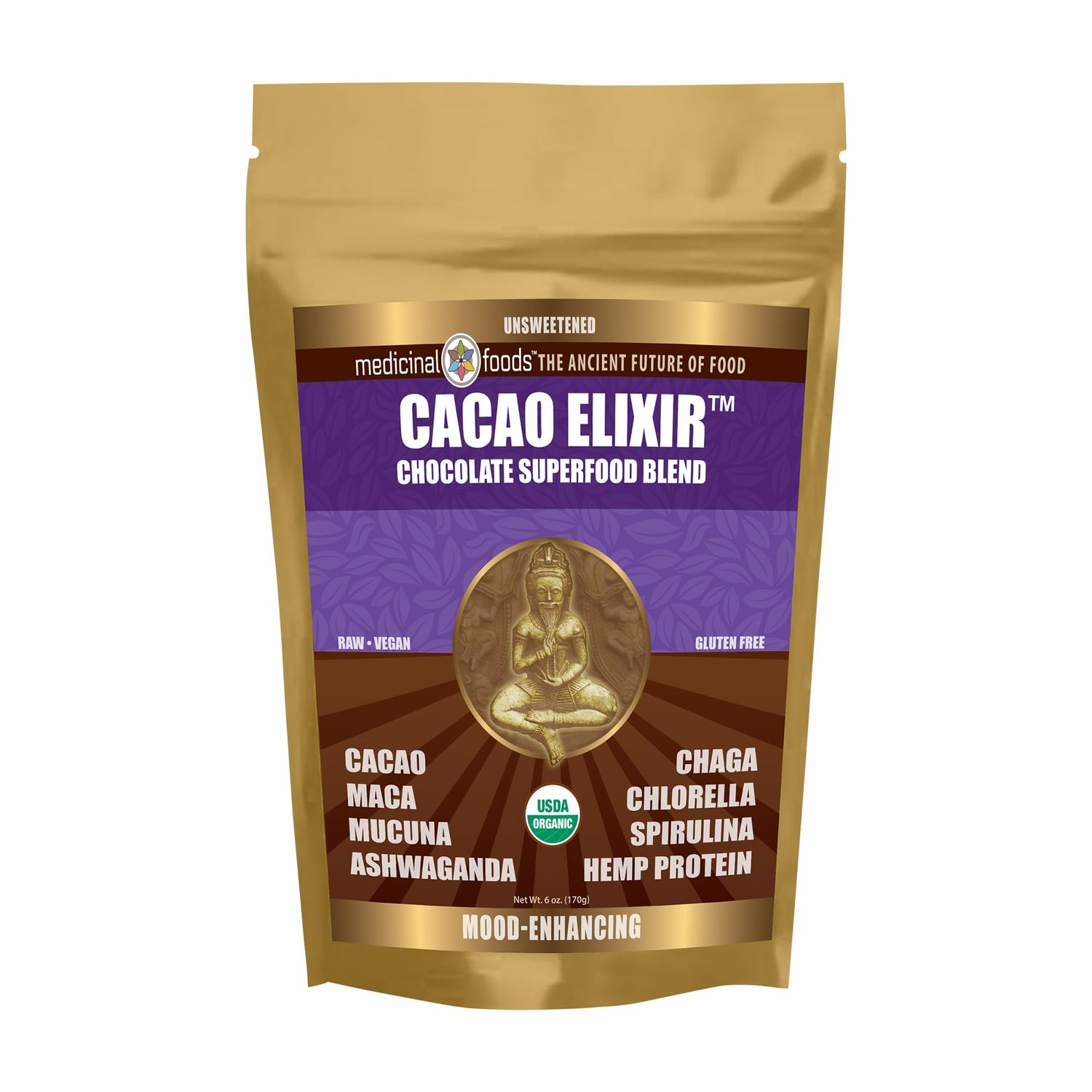 Medicinal Foods Original Organic Cacao Elixir Mood Enhancing Raw Cocoa Powder Nutrition Superfood Chocolate Mix Ashwagandha Shaman s Blend Certified Organic Weight Loss Support 170g