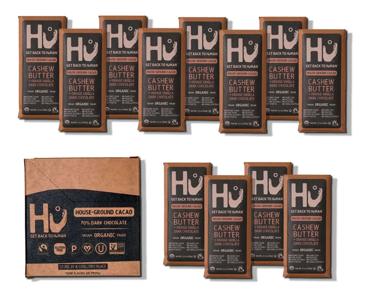 Hu Chocolate Bars 12 Pack Orange Dream Vanilla Cashew Butter Chocolate Natural Organic Vegan, Gluten Free, Paleo, Non GMO, Fair Trade Dark Chocolate 2.1oz Each