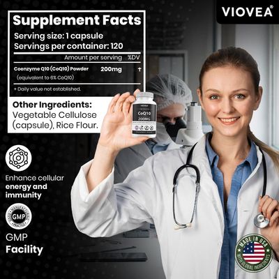 VIOVEA CoQ10 - Made in USA, 120 Capsules, 200mg (4-Month Supply), Ultra High Absorption Coenzyme Q10 Supplement - Antioxidant for Heart, Vascular Health and Energy Boost