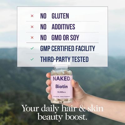 NAKED Biotin 10,000mcg - Max Strength Vitamin B7 Supplement for Healthy Hair, Skin Nails Support - Non-GMO, Gluten-Free, Vegan - Supports Keratin Production - 120 Capsules