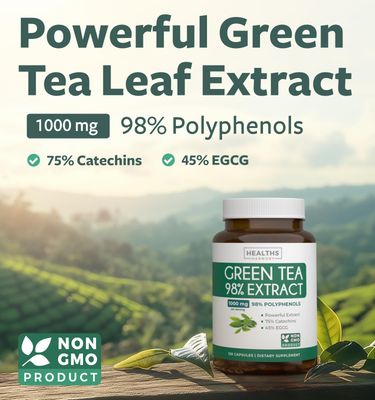 Green Tea Extract Capsules 98 with EGCG - 120 Count (Non-GMO) for Natural Metabolism Boost - Leaf Polyphenol Catechins - Antioxidant Supplement - Green Tea Pills - 1000mg (500mg per Capsule)