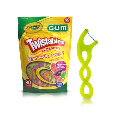 GUM Crayola Twistables Kids Flossers with Fluoride - Designed for Little Hands - Three Fun Fruit Flavors - Easy to Use Kids Floss Picks for Children Ages 3, 90 Count