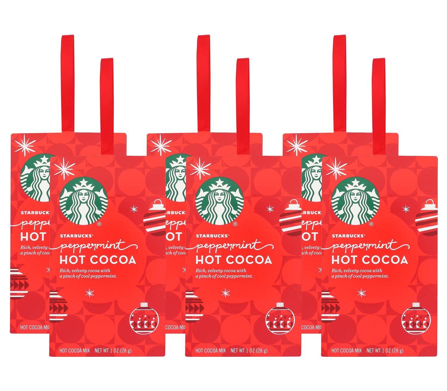 Starbucks Hot Cocoa Mix Ornament, Peppermint Hot Cocoa, Velvety Cocoa with Peppermint, Hanging Holiday Ornament Hot Cocoa Mix Packet, 1-Ounce (Pack of 6)