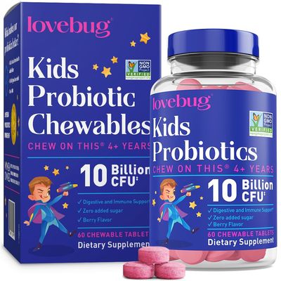 lovebug PROBIOTICS for Kids - Probiotic Chewables with Prebiotic Fiber for Age 4, Daily Children&#39;s Gut Health, Constipation, Digestive Immune Support Supplement, Sugar-Free Berry Flavor, 60 ct