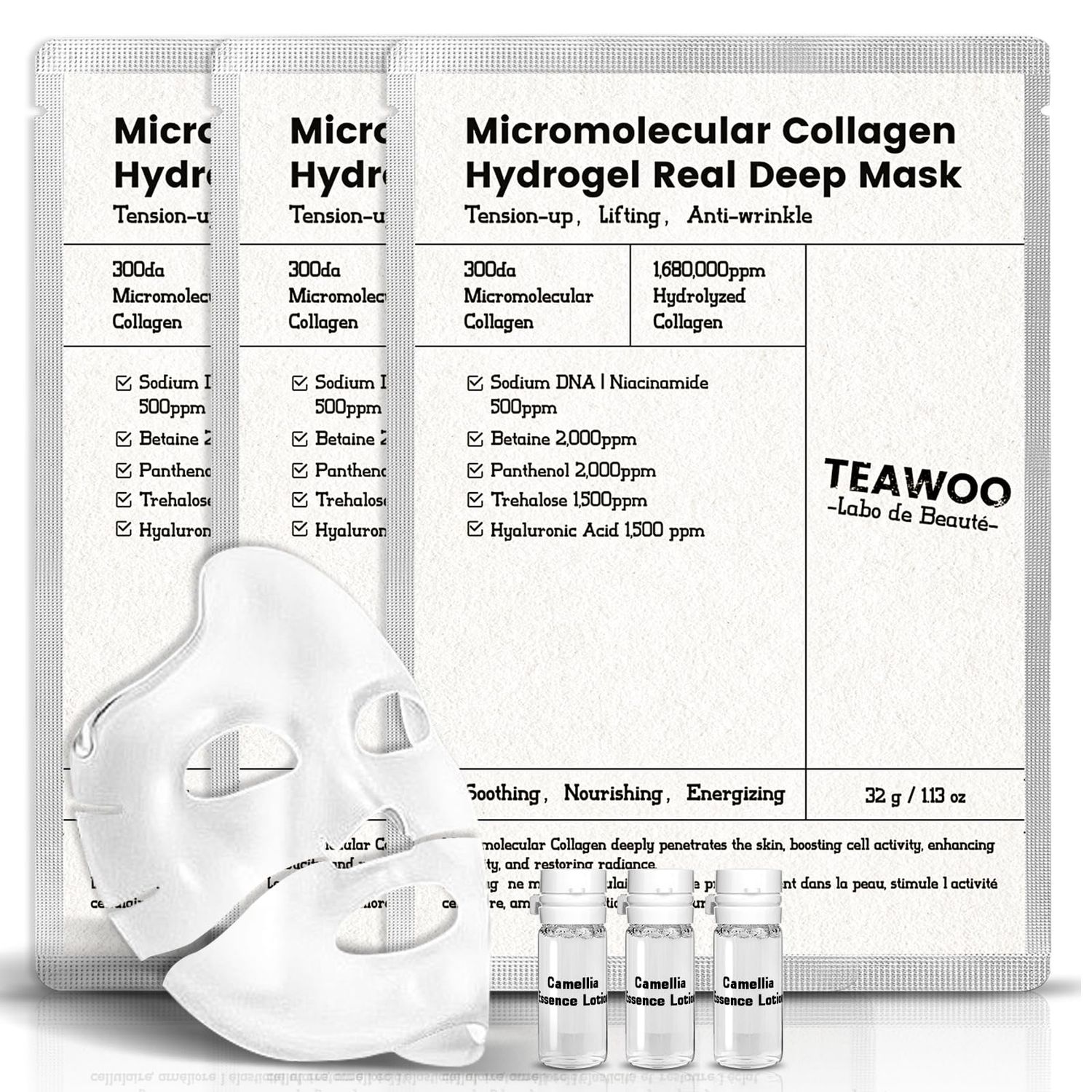 TEAWOO Micromolecular Real Collagen Overnight Mask 3 EA 1,680,000 PPB Micro Collagen Hydrogel Face Mask Ampoule Essence Collagen Mask Set for Deep Hydration Radiance