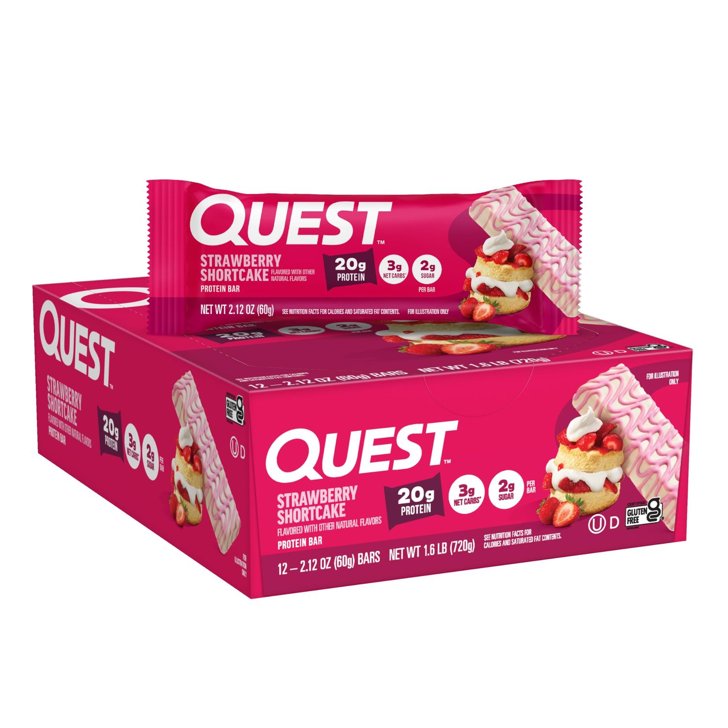 Quest Nutrition Protein Bars, Strawberry Shortcake, 20g Protein, 2g Sugar, 3g Net Carbs, 10g Fiber, Gluten Free, 12 Count