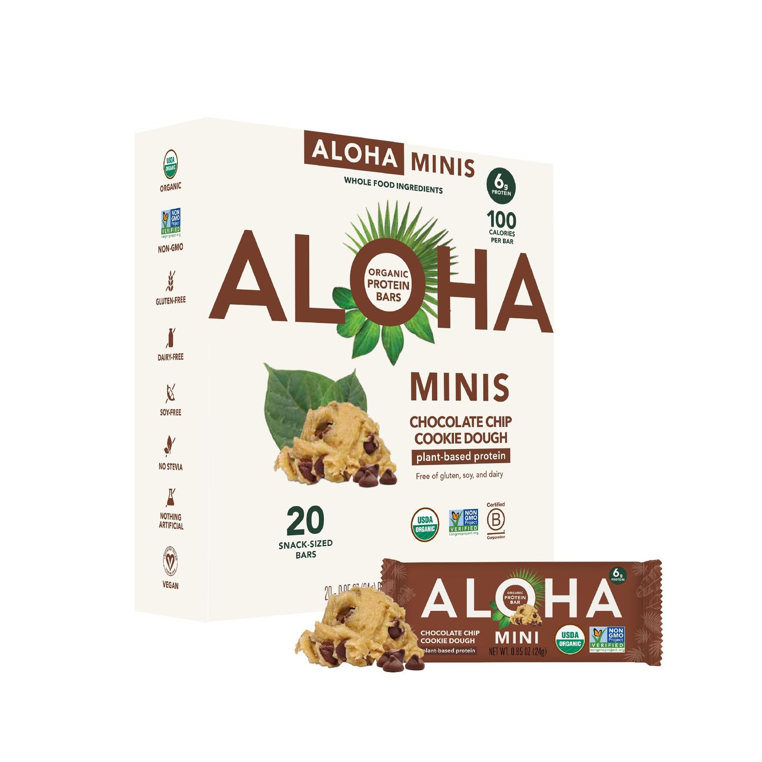 ALOHA Organic Plant Based Protein Bar MINIS Chocolate Chip Cookie Dough 20 Count, 24g Bars Vegan, Low Sugar, Gluten Free, Paleo, Low Carb, Non-GMO, Stevia Free, Soy Free, No Sugar Alcohols