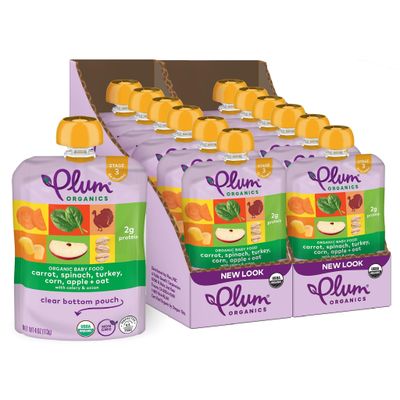 Plum Organics Stage 3 Organic Baby Food - Carrot, Spinach, Turkey, Corn, Apple, and Oat - 4 oz Pouch (Pack of 12) - Organic Baby Food Pouch