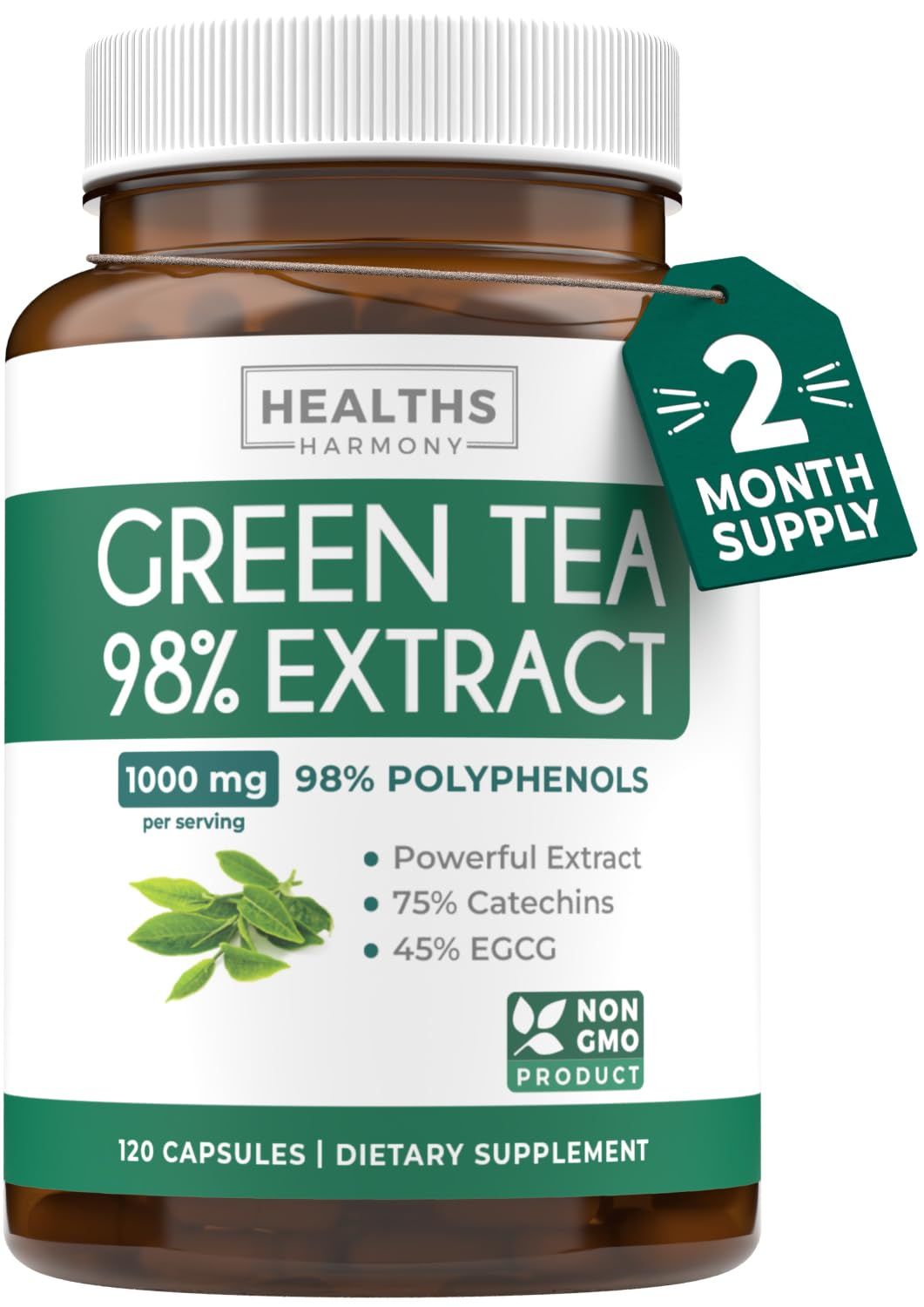 Green Tea Extract Capsules 98 with EGCG - 120 Count (Non-GMO) for Natural Metabolism Boost - Leaf Polyphenol Catechins - Antioxidant Supplement - Green Tea Pills - 1000mg (500mg per Capsule)