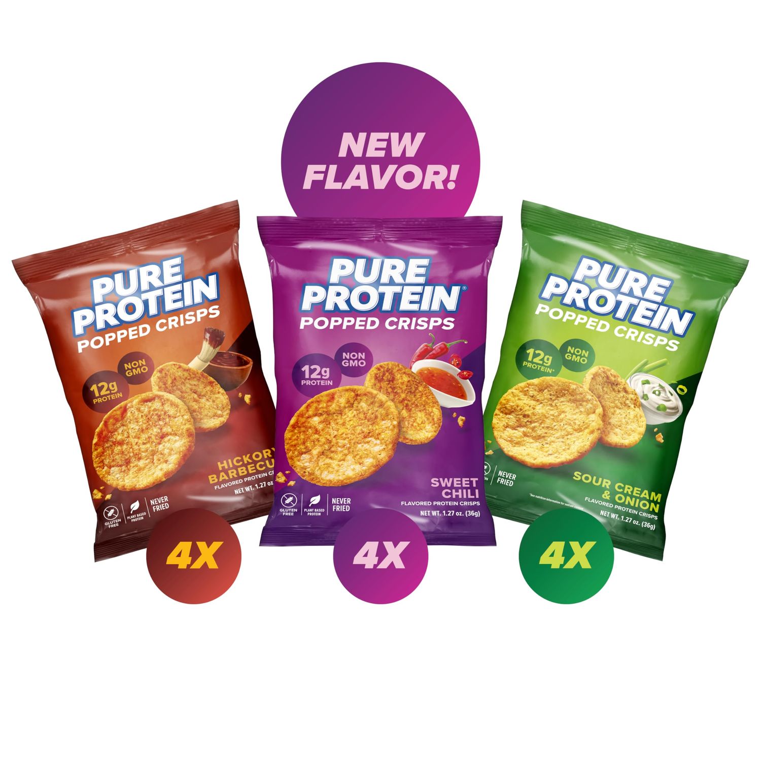 Pure Protein Popped Crisps, High Protein Snack, 12G Protein, Variety Pack: Hickory Barbecue, Sour Cream Onion, Sweet Chili, 12 Count