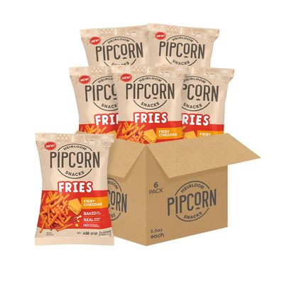 Heirloom Baked Fiery Cheddar Fries by Pipcorn - 5oz 6pk - Healthy Snacks, Gluten Free Snacks, Non-GMO, Upcycled Heirloom Corn Flour, Vegan, Baked Not Fried Snacks