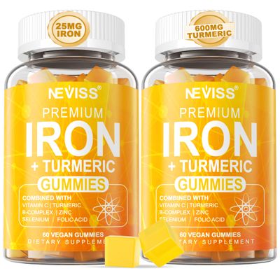 NEVISS Vegan Iron Gummies for Women Men - Carbonyl Iron 25mg Turmeric Extract 600mg with Vitamins C, A, B6, B12 Folate Gummy Supplement for Energy, Immune Red Blood Cell Support, 120Cts
