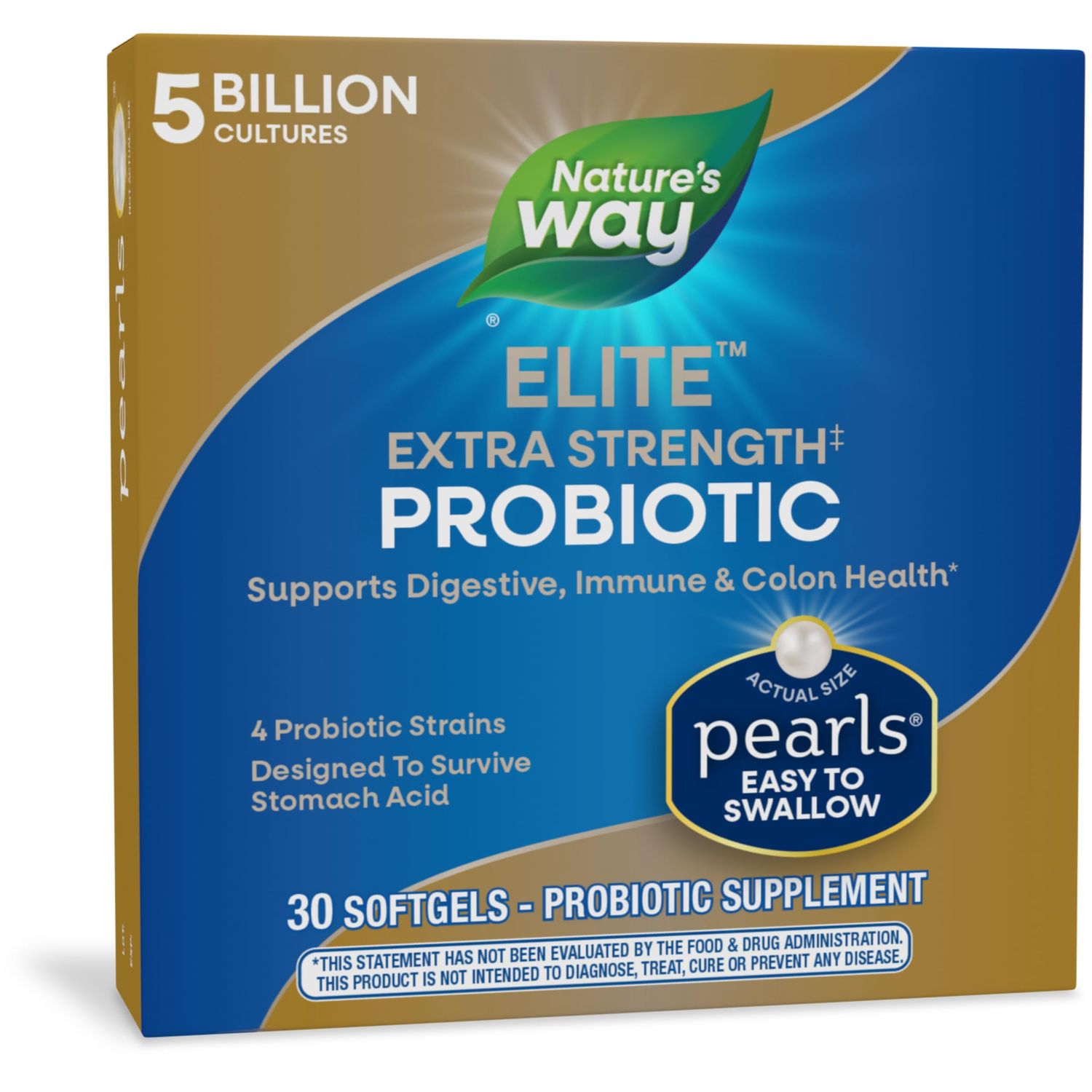 Nature&#39;s Way Elite Extra Strength Probiotic Pearls for Men and Women, Supports Digestive, Immune, Colon Health, 5 Billion Live Cultures, No Refrigeration Required, 30 Softgels (Packaging May Vary)