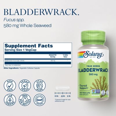 SOLARAY Bladderwrack Capsules 580 mg - Nutrient-Packed Seaweed Supplement, High in Iodine - Balanced Herbal Support - Vegan, Non-GMO, 60-Day Guarantee, Lab Verified - 100 Servings, 100 VegCaps