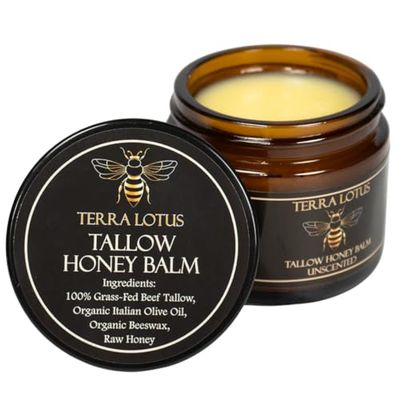 Terra Lotus - Organic Grass-Fed Beef Tallow Balm with Raw Honey - Moisturizing Cream for Soft, Smooth Skin - Handmade All-Natural Moisturizer (2 Oz, Unscented)