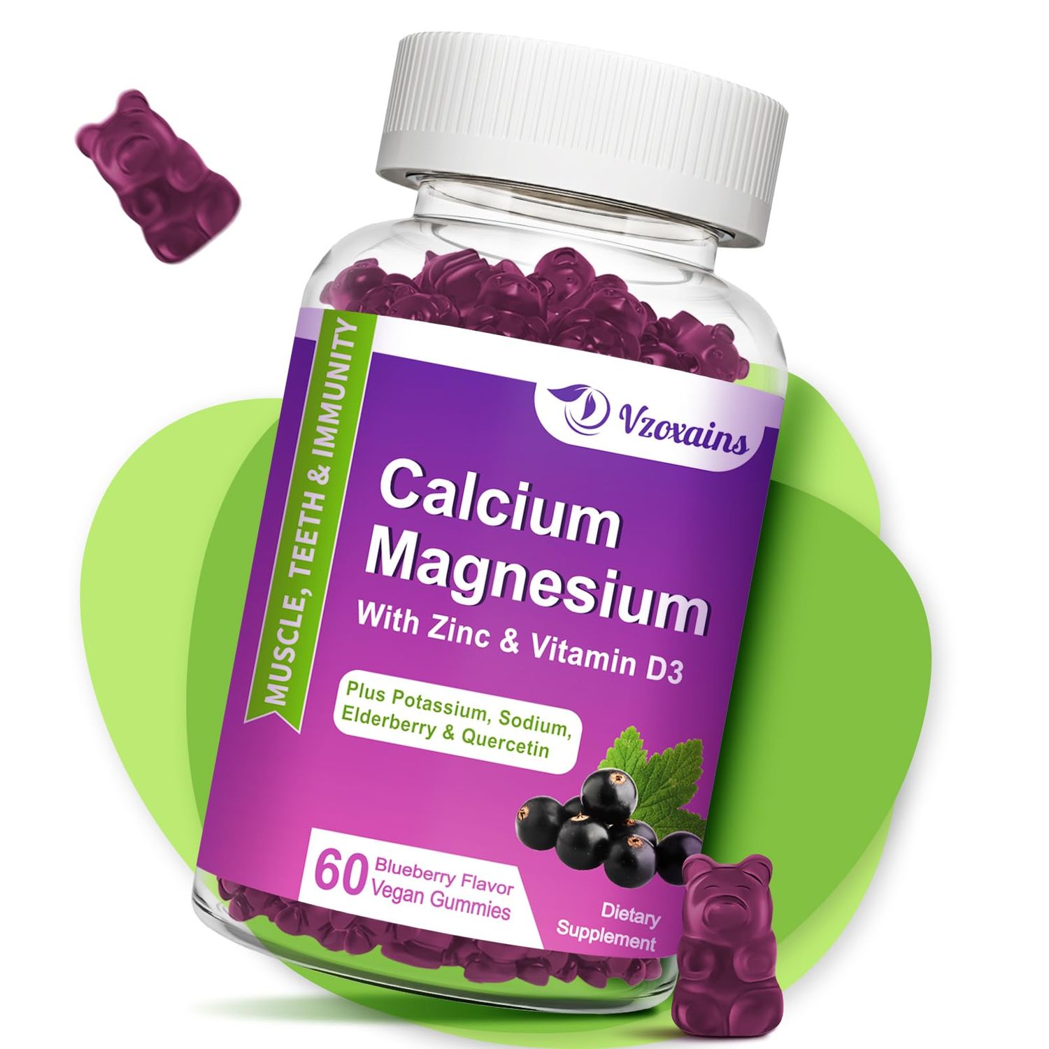 VZOXAINS High Absorption Calcium Gummies, Calcium Magnesium Zinc with Magnesium Glycinate, Potassium, Vitamin D3 for Women Men- Blueberry Flavored 60 Cts
