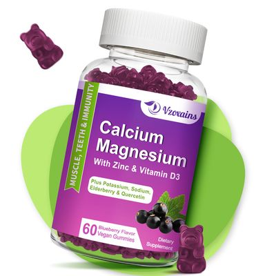 VZOXAINS High Absorption Calcium Gummies, Calcium Magnesium Zinc with Magnesium Glycinate, Potassium, Vitamin D3 for Women Men- Blueberry Flavored 60 Cts