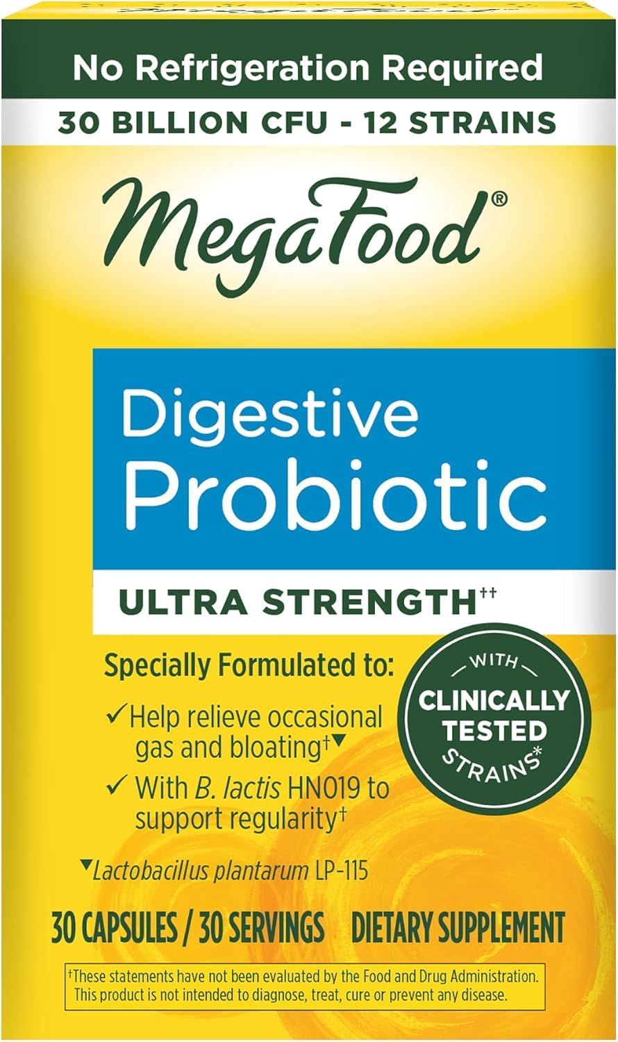 MegaFood Digestive Probiotic - 12 Strain Vegetarian Probiotics for Women Men, 30 Billion CFUs, Support Gut Health, Probiotics for Digestive Health Help Relieve Occasional Gas Bloating, 30 Capsules