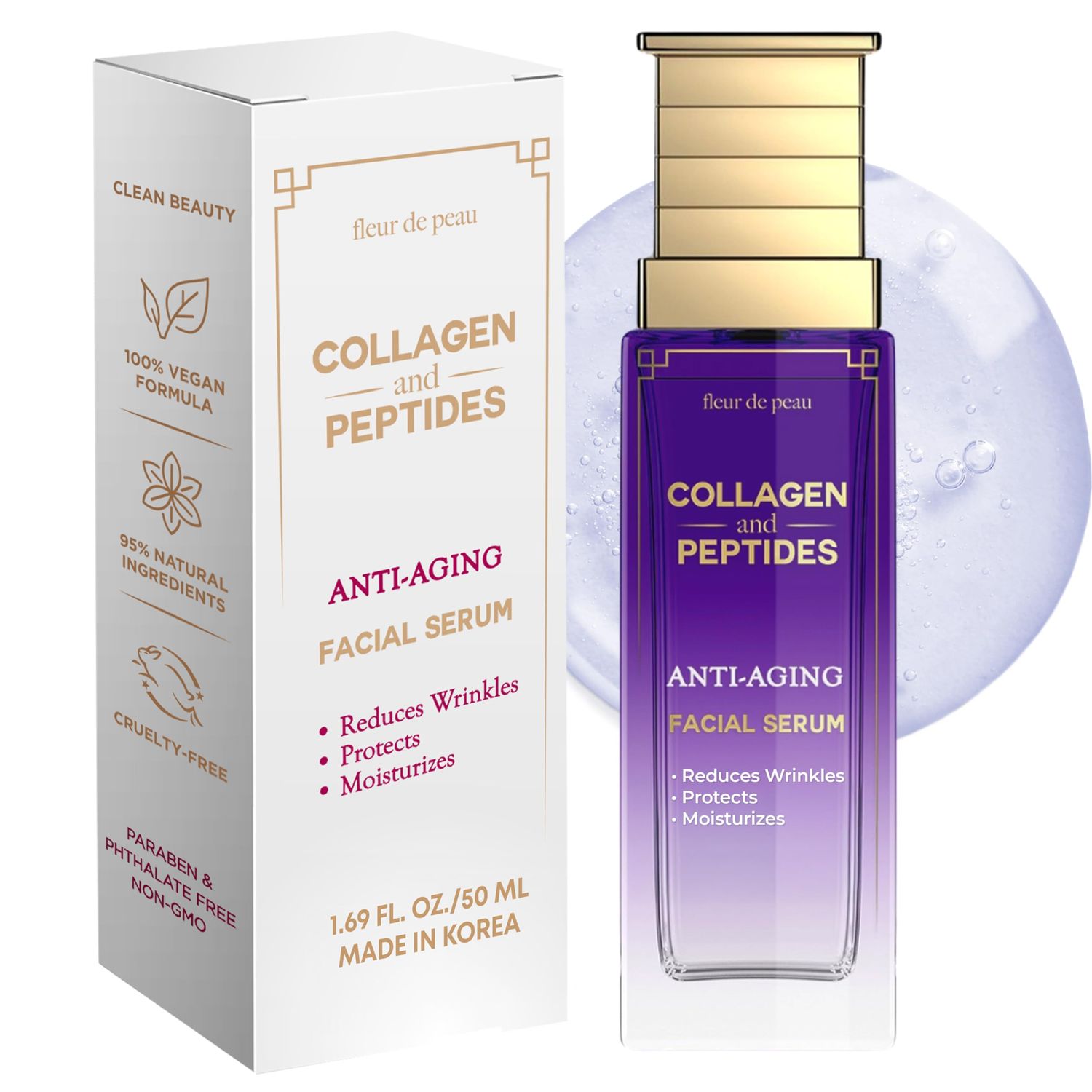 Fleur De Peau Collagen Peptides Facial Serum - Dermatologist Tested, Anti-Aging, Korean Skin Care, Hydrating Firming - Clean Beauty, Vegan, Cruelty-Free, Sulfates-Free - 1.69 FL. Oz