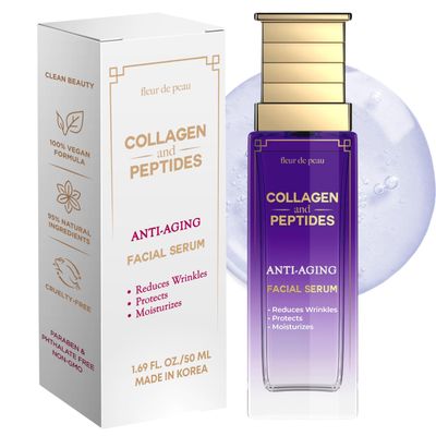 Fleur De Peau Collagen Peptides Facial Serum - Dermatologist Tested, Anti-Aging, Korean Skin Care, Hydrating Firming - Clean Beauty, Vegan, Cruelty-Free, Sulfates-Free - 1.69 FL. Oz