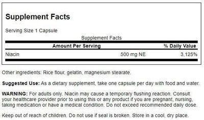 Swanson Niacin (B3) Cardio Health Support Carbohydrate Metabolism 500 Milligrams 250 Capsules