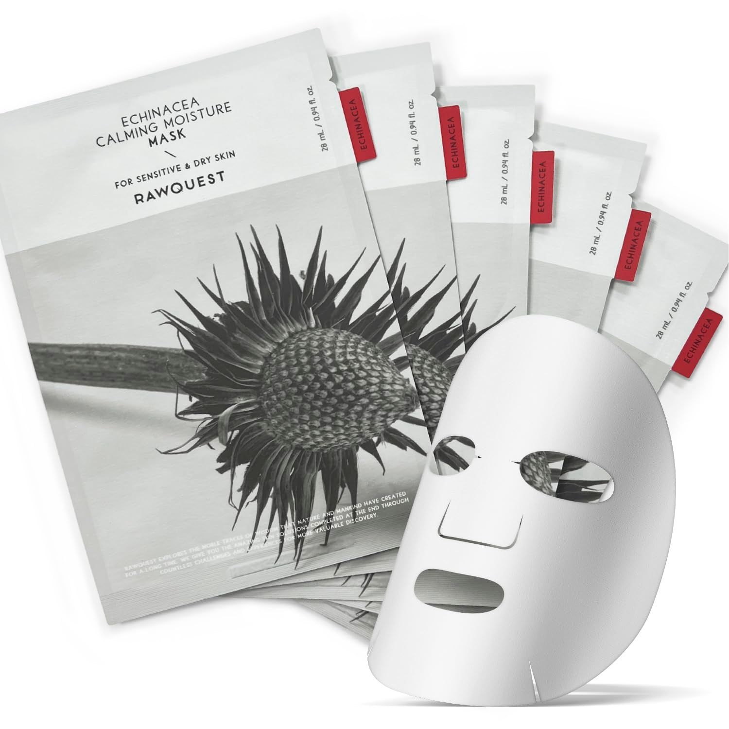 RAWQUEST- Echinacea Korean Face Mask Sheet (5ea) for Anti-Aging, Deep Hydration, Moisture, Wrinkle improvement Brightening wHyaluronic Acid Madecassoside for Dry, Sensitive Acne-Prone Skin