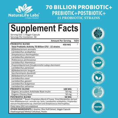 Probiotics 70 Billion CFU - 15 Probiotic strains Organic Prebiotic Postbiotic 3-in-1 Complete - Promotes Healthy Digestive Immune Function -Gas, Bloating, Constipation Support - for Men Women