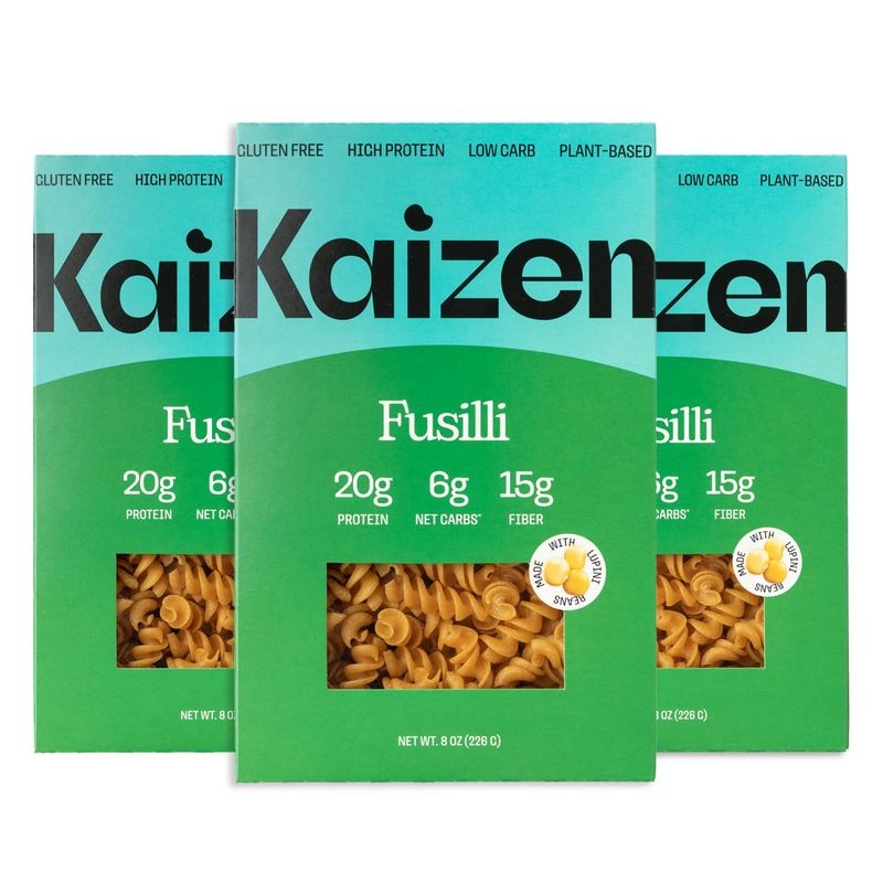 Kaizen Low Carb Keto Pasta Fusilli - High Protein (20g), Gluten-Free, Keto-Friendly (6g Net), Plant-Based Lupini Noodles made wHigh Fiber Lupin Flour - 8 ounces (Pack of 3)