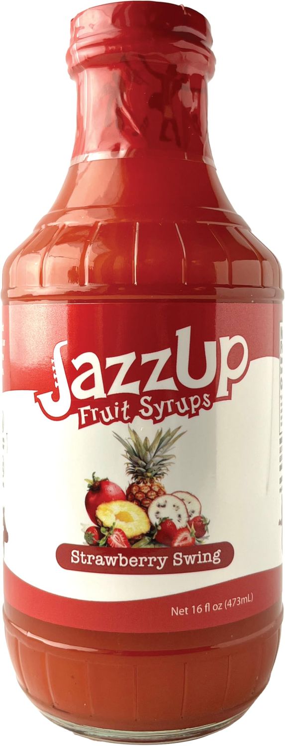JazzUp Strawberry Swing, Real Fruit Syrup, for Non-Alcoholic Drink Mixing, Pancakes and Desserts - 16 fl oz (Real Fruit: Strawberry Puree, Passionfruit, Pineapple Juice, Coconut Cream)