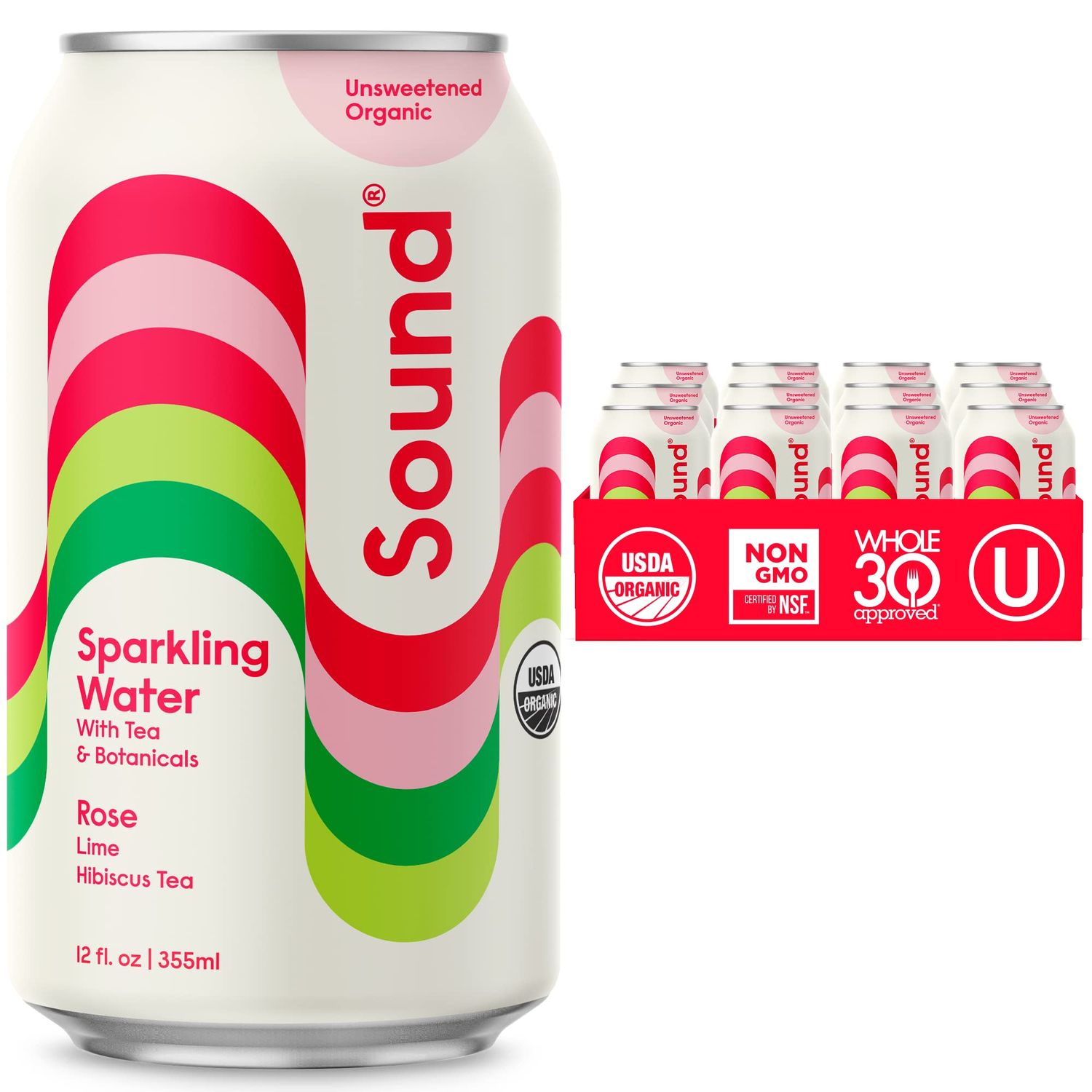 Sound Sparkling Water - Rose wLime Hibiscus Tea. Organic. Zero Calories. Zero Sugar. Non-GMO. Clean Seltzer Water. 12 Fl oz (Pack of 12)
